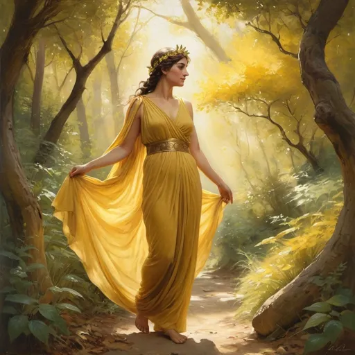 Prompt: (ancient Greece scene), (painting), a Greek lady, aged 40, gracefully walking through a lush forest, draped in yellow flowing attire, (golden circlet) soft golden sunlight filtering through leafy canopies, vibrant greens and earthy browns, tranquil and nostalgic atmosphere, delicate floral details surrounding the scene, ultra-detailed, emphasizing elegance and serenity in the natural environment. dynamic pose