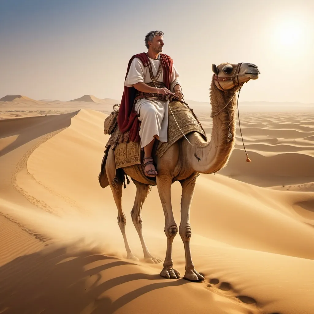 Prompt: (detailed image of an ancient Roman merchant), traversing the vast desert on a majestic dromedary, golden sands stretching endlessly, (warm sunlight illuminating the scene), flowing traditional Roman robes, intricate patterns, merchant's goods balanced on the dromedary, serene and adventurous ambiance, distant sand dunes in the background, (highly detailed, 4K resolution, captivating atmosphere).