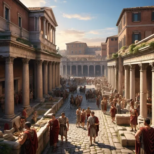 Prompt: (1st century Roman scene), detailed architecture of ancient Rome, citizens engaged in daily activities, historical accuracy, marketplace bustling with life, vibrant colors, warm sunlight casting shadows, intricate clothing of the era, cobblestone streets, statues and ruins, rich ambience of history and culture, ultra-detailed, immersive experience.