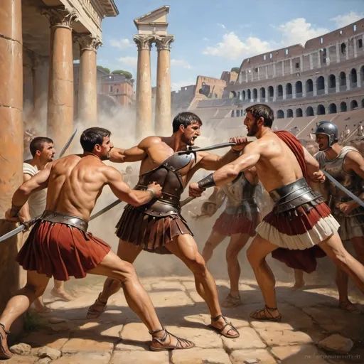 Prompt: Des gladiateurs combattent dans le colisée, antiquité, rome antique