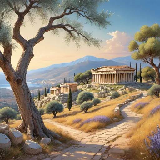 Prompt: ancient Greece landscape, (majestic mountains), (vibrant olive trees), sun-drenched ruins, rolling hills, soft golden light, (crystal clear blue skies), a meandering river, serene atmosphere, pastel colors, greek temples in distance, historic architecture, wildflowers blooming, ultra-detailed, high-definition, captivating timeless beauty, rich textures, tranquil setting, harmonious blend of nature and history, idyllic scenes that evoke nostalgia and wonder.