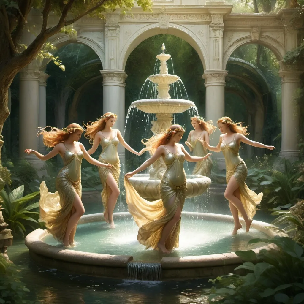 Prompt: (nymphs dancing around a fountain), (antiquity), (mythology), whimsical ambiance, intricate details, lush greenery surrounding the scene, ethereal lighting with soft golden tones, serene water flow cascading from the fountain, flowing garments of the nymphs fluttering, enchanting expressions, high resolution, ultra-detailed artwork, dreamlike atmosphere.