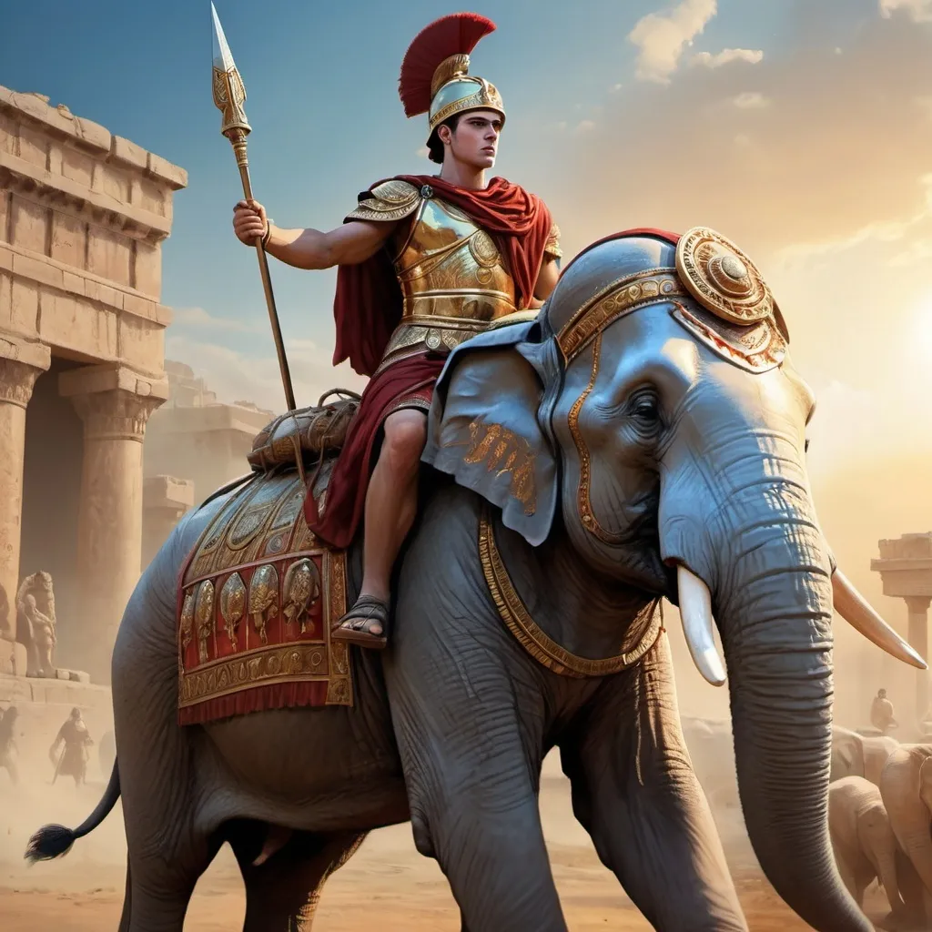 Prompt: (Carthaginian 20 years old soldier), strong (dynamic pose), wearing a (Carthaginian punic tunic), on a elephant (2D RPG art)