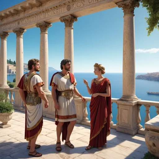 Prompt: Roman aristocrats in tunics, animated (cartoon) style, engaged in conversation, breathtaking ancient Roman villa backdrop, (marble architecture) with columns, serene view of the (Mediterranean Sea), historically rich ambiance, rich detailing in attire and scene, (4K ultra-detailed), vibrant colors evoke a sense of antiquity and opulence, idyllic setting reflecting the grandeur of ancient Rome.