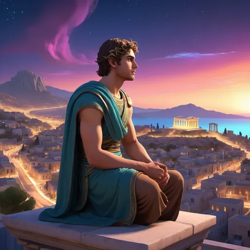 Prompt: (cartoon third-person gameplay), young man greek seated (detailed ancient Greek tunic), (richly adorned), gazing at an ancient greek city, under (breathtaking auroras), night scene, ultra-detailed, immersive background, soft ethereal lighting, enchanting view of the sky

