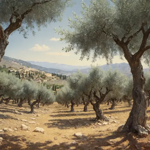 Prompt: large olive grove on a sunny mountain during antiquity, 1st century. Antiquity, historic