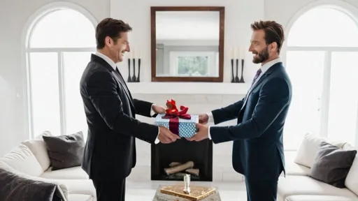 Prompt: 2 rich white business men standing in the middle of a living room, right man is giving the left man a gift