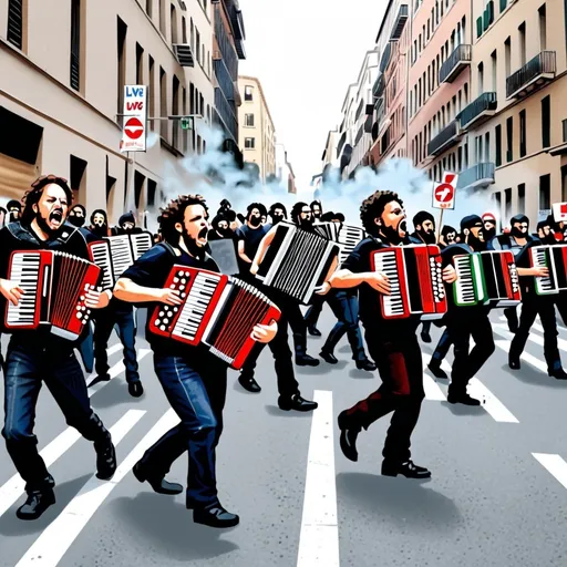 Prompt: "Accordions Live Matter" protesters riot in the streets