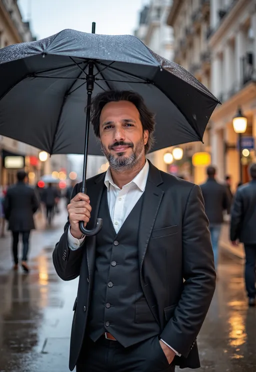 Prompt: A photorealistic depiction of @syhCU2aDEGVr1QXRuP03, a male figure dressed in a sharp, tailored suit, standing confidently on a bustling London street. Raindrops cascade from the overcast sky, creating a glistening sheen on the pavement. He holds a classic black umbrella opened and over him, tilted slightly to shield himself from the downpour. The scene is alive with blurred figures of pedestrians and iconic London architecture in the background, their reflections shimmering on the wet ground. Soft, diffused streetlights cast a warm glow, contrasting with the cool, rainy atmosphere, enhancing the moody ambiance of the city. The camera captures a mid-shot, focusing on his poised stance amidst the lively urban backdrop. smiling