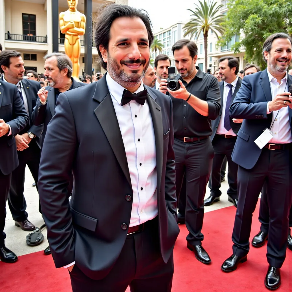 Prompt: a fit man posing to papparazzis at the kodak theatre , oscars, red carpet