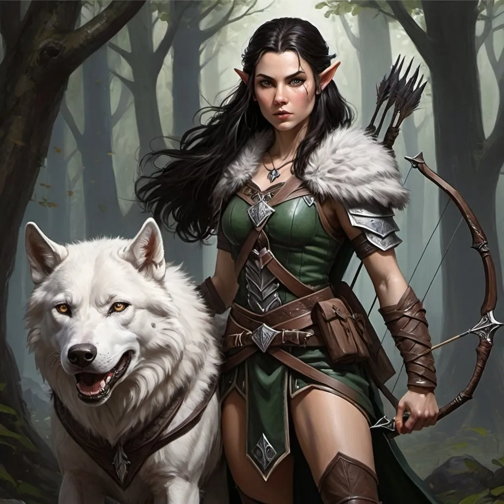 Prompt: Dark haired half elf ranger queen warrior with direwolf and bow