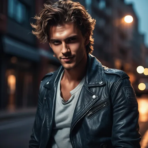 Prompt: handsome bad boy, (mysterious aura), (charming smile), confident pose, rugged features, stylish leather jacket, tousled hair, sultry gaze, dramatic shadows, high contrast lighting, cool color tones, urban backdrop, subtle smirk, effortless confidence, intense expression, atmospheric vibe, (4K), (ultra-detailed)