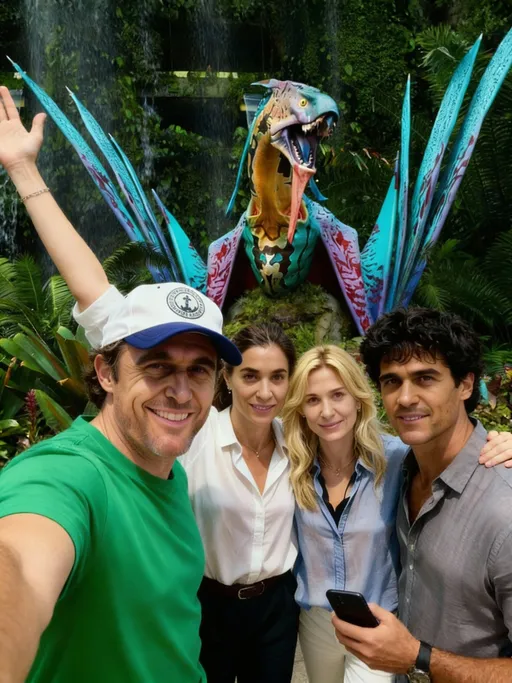 Prompt: Sustituye a las dos chicas de la primera foto por las personas de la segunda y tercera foto. La cara del hombre de la gorra es la de la segunda foto. Tienen una postura alegre similar a las dos chicas de la primera foto. Visten de forma casual cn clase. El entorno y perspectiva es la de la primera foto 