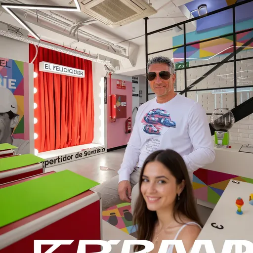 Prompt: Sitúa este hombre dentro de la segunda foto. Está vestido con camisa blanca y sentado de manera sonriente en una de las sillas. Mantener la perspectiva y entorno de la segunda foto. Sitúa a dos mujeres atractivas al fondo de la foto 