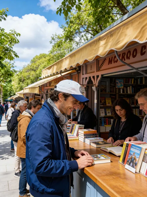 Prompt: Situar al hombre de las día fotos queda se facilitan mirando libros en la tercera foto, en el mostrador. Lleva ua cazadora azul moderna. El enfoque y la perspectiva es la de la tercera foto. Al lado hay otras personas. El cielo está medio nublado 