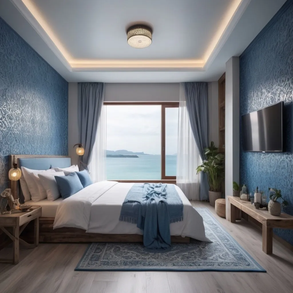 Prompt: hotel room the bedroom inspired from relaxation and bohemian style
 and (the color scheme blue,white,gray) and the window is looking out the see and the floor is from parquet and the lights inspired from Malaysian culture and one traditional toilet and unfamiliar  fancy looking 