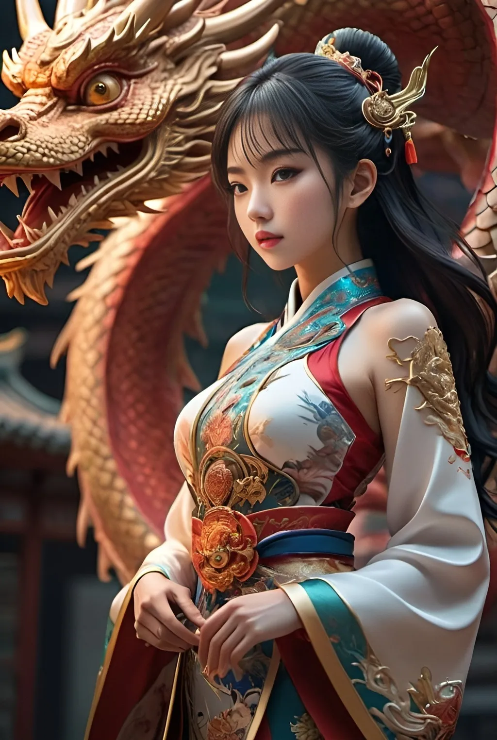 Prompt:  stylized anime Girl and tradition Chinese artworks~ A dragon flying at modern fantasy world. Cinematic Lighting, ethereal light, intricate details, extremely detailed, incredible details, full colored, complex details, insanely detailed and intricate, hypermaximalist, skin, beautiful face, Rich in details High quality, gorgeous, glamorous, 8k, super detail, gorgeous light and shadow, detailed decoration, detailed lines