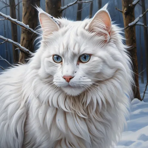 Prompt: Norwegian forest cat hunting in the snow, realistic oil painting, snowy forest setting, fluffy fur with intricate details, intense and alert gaze, winter landscape, high quality, realistic, detailed fur, snowy, intense gaze, hunting, oil painting, realistic lighting, blue and white tones, cold atmosphere