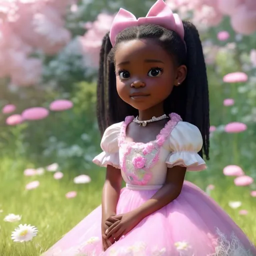 Prompt: A modern day realistic young girl with rich brown skin and flowing pink dress, with a pink bow, and pink and white Tennis shoes,  surrounded by a lush meadow filled with vibrant pink and white flowers. The light cascades gently on her face, illuminating her joyful expression as she sits gracefully with a realistic black and white small puppy.