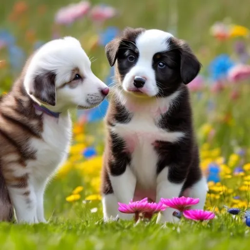 Prompt: a black and white puppy staring at a brown kitten with colorful flowers in a meadow