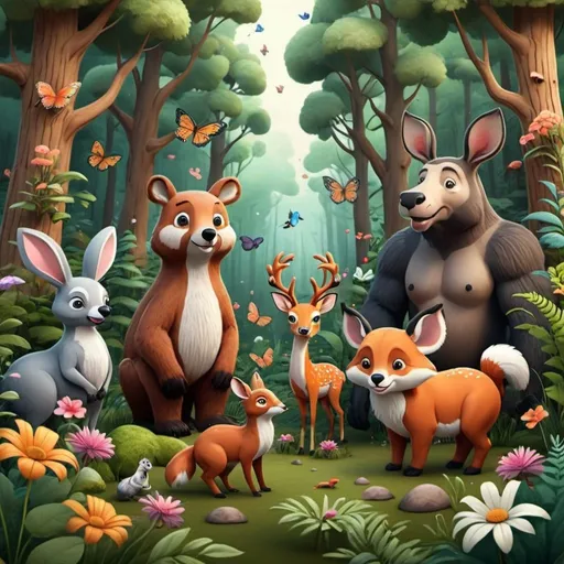 Prompt: a realistic cartoon forest with realistic animals and flowers
