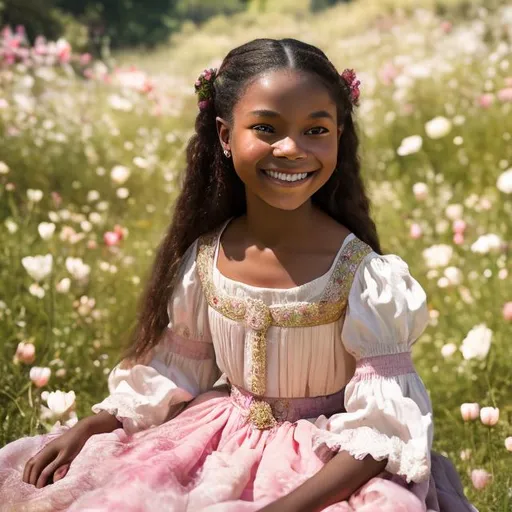 Prompt: A Renaissance-style oil painting of a young girl with rich brown skin and flowing pink dress, surrounded by a lush meadow filled with vibrant pink and white flowers. The light cascades gently on her face, illuminating her joyful expression as she sits gracefully. 