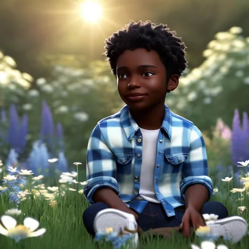 Prompt: A modern day realistic young boy with rich brown skin and blue jeans and plaid shirt with blue and white  Tennis shoes,  surrounded by a lush meadow filled with vibrant blue and white flowers. The light cascades gently on his face, illuminating his joyful expression as she sits gracefully with a realistic black and white small puppy.