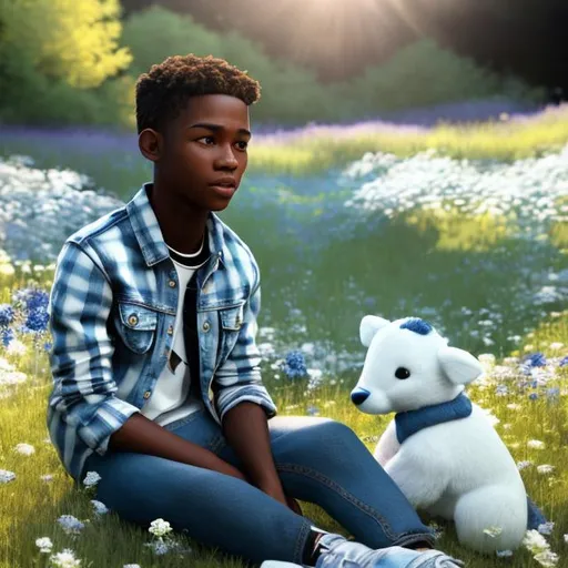 Prompt: A modern day realistic young boy with rich brown skin and blue jeans and plaid shirt with blue and white  Tennis shoes,  surrounded by a lush meadow filled with vibrant blue and white flowers. The light cascades gently on his face, illuminating his joyful expression as she sits gracefully with a realistic black and white small puppy.
