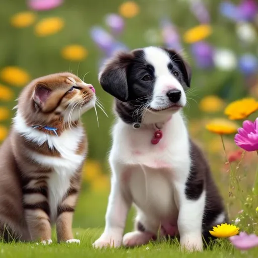 Prompt: a black and white puppy staring at a brown kitten with colorful flowers in a meadow