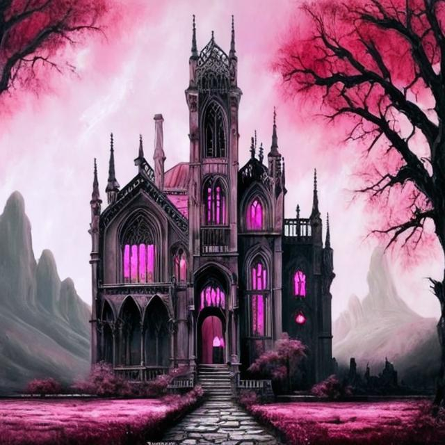 Prompt: Gothic style painting with pink and white with landscapes 