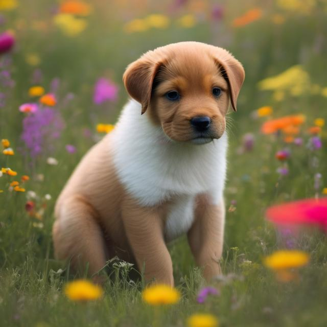 Prompt: a puppy staring at colorful flowers in a meadow