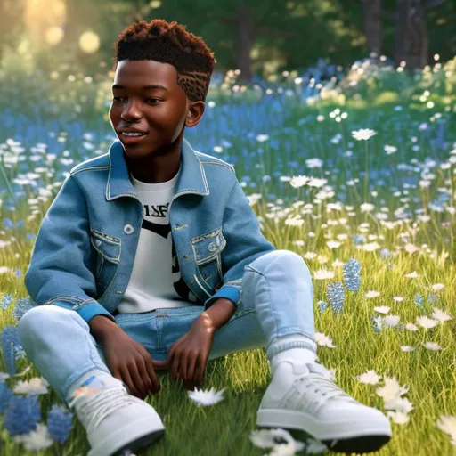 Prompt: A modern day realistic young boy with rich brown skin and blue jeans and plaid shirt with blue and white  Tennis shoes,  surrounded by a lush meadow filled with vibrant blue and white flowers. The light cascades gently on his face, illuminating his joyful expression as she sits gracefully with a realistic black and white small puppy.