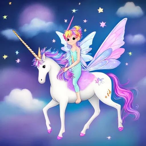 Prompt: a fairy, riding a unicorn