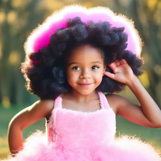 Prompt: little  african american girl wearing pink fluffy dress,  a pink cap, with  curls, with pink nikes