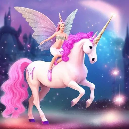 Prompt: a fantasy,  pink unicorn,  with sparkles and a  fantasy pink fairy with sparkles