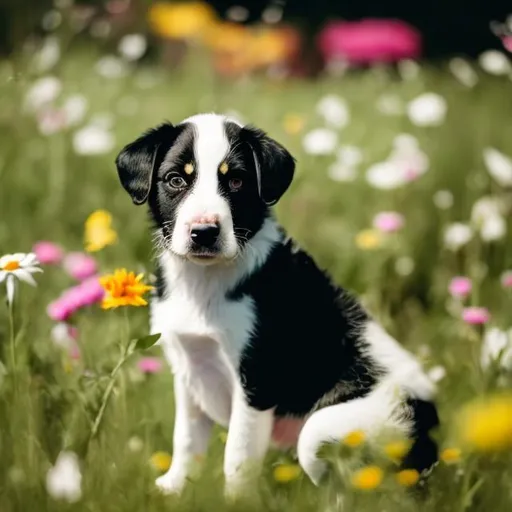 Prompt: a black and white puppy staring at colorful flowers in a meadow