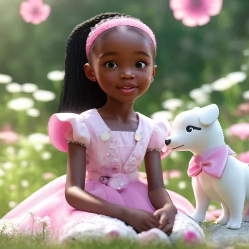 Prompt: A modern day realistic young girl with rich brown skin and flowing pink dress, with a pink bow, and pink and white Tennis shoes,  surrounded by a lush meadow filled with vibrant pink and white flowers. The light cascades gently on her face, illuminating her joyful expression as she sits gracefully with a realistic black and white small puppy.