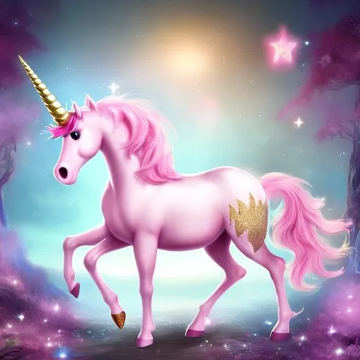 Prompt: a fantasy, pink unicorn, with sparkles and a fantasy pink fairy with sparkles and brown skin
