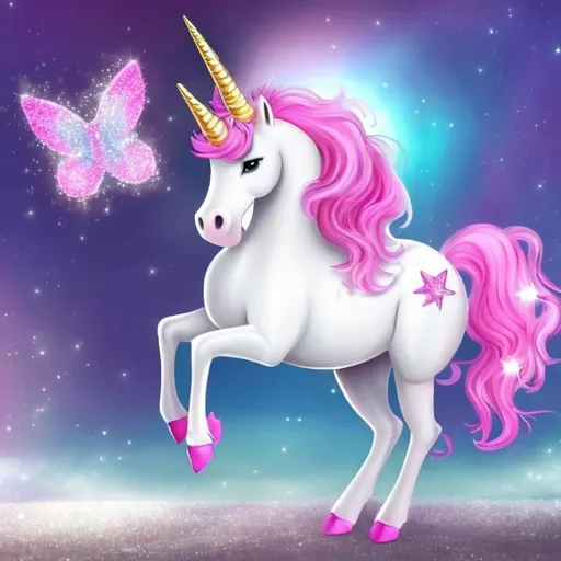 Prompt: a fantasy,  pink unicorn,  with sparkles and a  fantasy pink fairy with sparkles