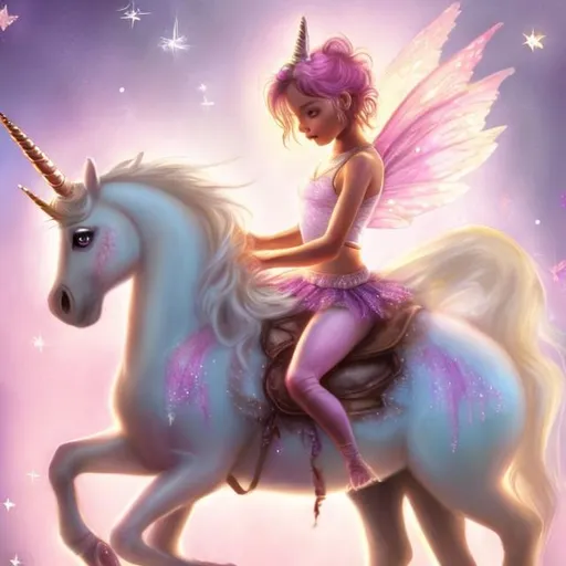Prompt: a fantasy, pink fairy, with sparkles  and brown skin riding a unicorn