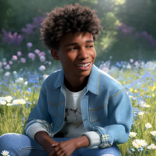 Prompt: A modern day realistic young boy with rich brown skin and blue jeans and plaid shirt with blue and white  Tennis shoes,  surrounded by a lush meadow filled with vibrant blue and white flowers. The light cascades gently on his face, illuminating his joyful expression as she sits gracefully with a realistic black and white small puppy.