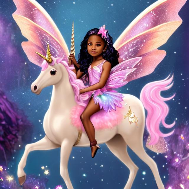 Prompt: a fantasy,  brown skinned fairy,  with sparkles, riding, a fantasy pink unicorn with sparkles 