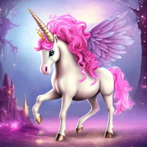 Prompt: a fantasy, pink unicorn, with sparkles and a fantasy young pink fairy with sparkles and brown skin
