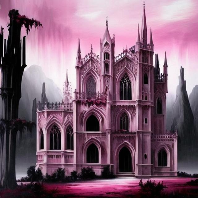 Prompt: Gothic style painting with pink and white with landscapes 