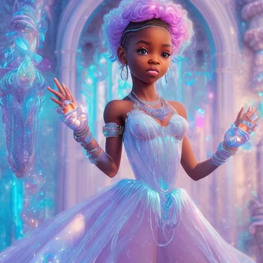 Prompt: a hyper realistic digital Art of a African American fairy girl with a iced out white dress flowing long with matching iced out jewelry matching iced out nails matching makeup matching iced out heels she's holding a iced out bling magical wand with colorful glitter coming from the wand background is a high luxury beautiful Castle with glitter high definition highly detailed