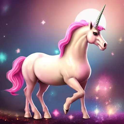 Prompt: a fantasy,  pink unicorn,  with sparkles and a  fantasy pink fairy with sparkles and brown skin
