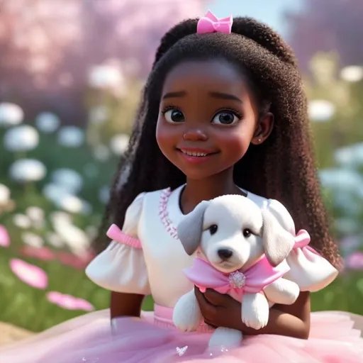 Prompt: A modern day realistic young girl with rich brown skin and flowing pink dress, with a pink bow, and pink and white Tennis shoes,  surrounded by a lush meadow filled with vibrant pink and white flowers. The light cascades gently on her face, illuminating her joyful expression as she sits gracefully with a realistic black and white small puppy.