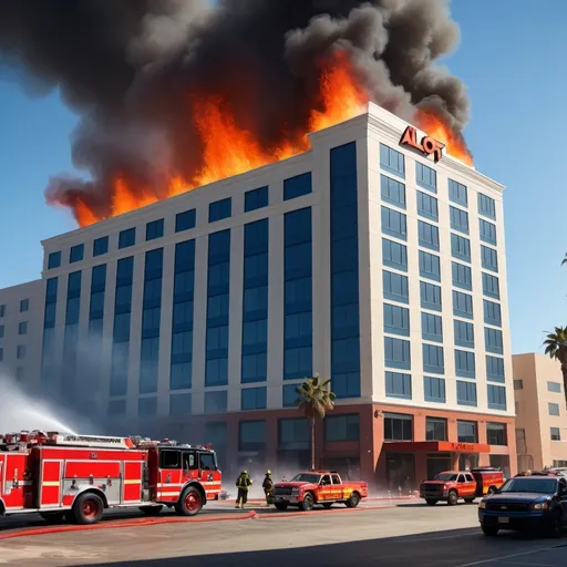 Prompt: aloft hotel el segundo in fire during the day with fire squad spraying water