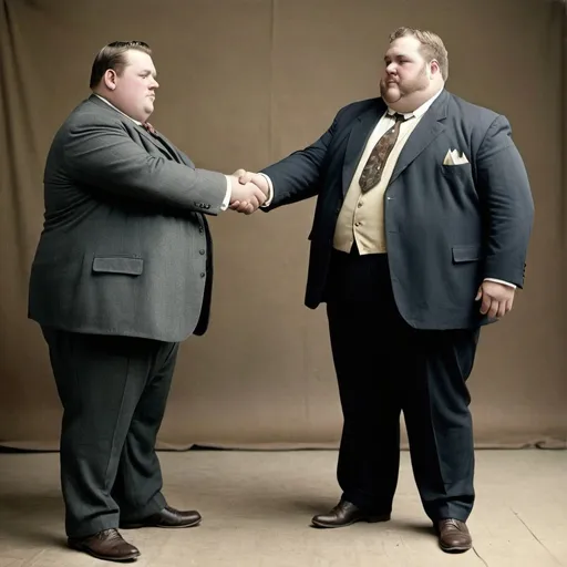 Prompt: 1900 time period, an overweight man in a suit shaking hands with another man, no background, showing full body, color, photographic
