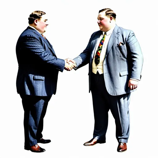 Prompt: 1920 clothes, mildly overweight man in a suit shaking hands with another man, showing full body, full color, photo realistic, no background